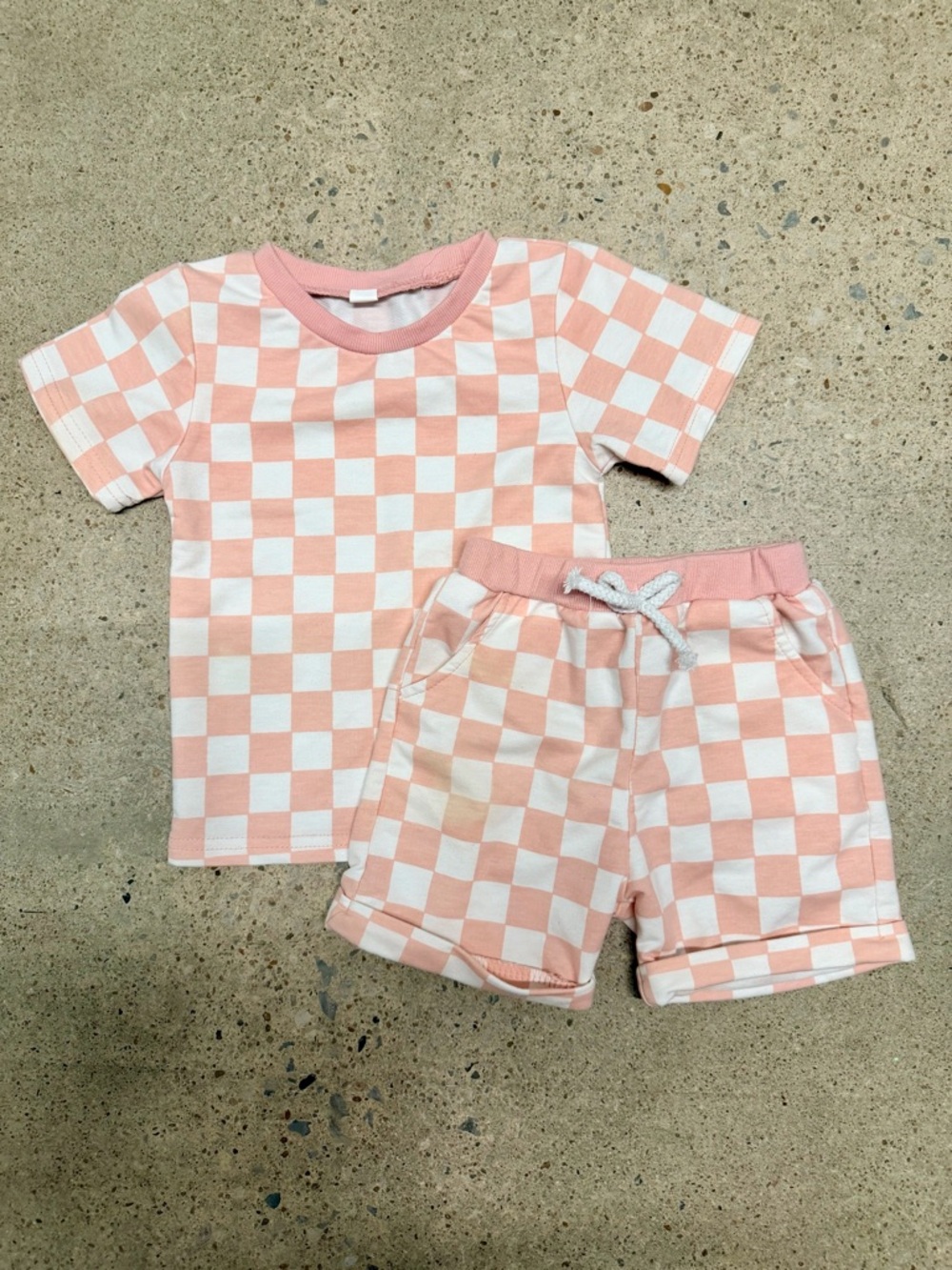 Kids Pink Checkerboard Short Set - Short Sleeve Tee & Drawstring Shorts (18-24)